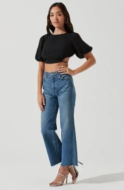Simona Open Back Puff Sleeve Crop Top -Chic Outfit Shop ACT17204 BLACK 1636