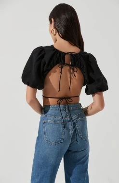 Simona Open Back Puff Sleeve Crop Top -Chic Outfit Shop ACT17204 BLACK 1651