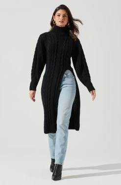 Evangelina Cable Knit Turtleneck Hi Slit Sweater 20 Evangelina Cable Knit Turtleneck Hi Slit Sweater -Chic Outfit Shop ACT17274 BLACK 0749