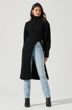 Evangelina Cable Knit Turtleneck Hi Slit Sweater 22 Evangelina Cable Knit Turtleneck Hi Slit Sweater -Chic Outfit Shop ACT17274 BLACK 0754