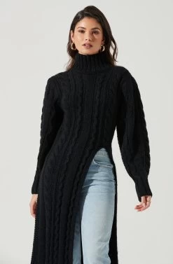 Evangelina Cable Knit Turtleneck Hi Slit Sweater 23 Evangelina Cable Knit Turtleneck Hi Slit Sweater -Chic Outfit Shop ACT17274 BLACK 0758