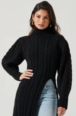Evangelina Cable Knit Turtleneck Hi Slit Sweater 21 Evangelina Cable Knit Turtleneck Hi Slit Sweater -Chic Outfit Shop ACT17274 BLACK 0766