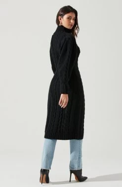 Evangelina Cable Knit Turtleneck Hi Slit Sweater 25 Evangelina Cable Knit Turtleneck Hi Slit Sweater -Chic Outfit Shop ACT17274 BLACK 0775