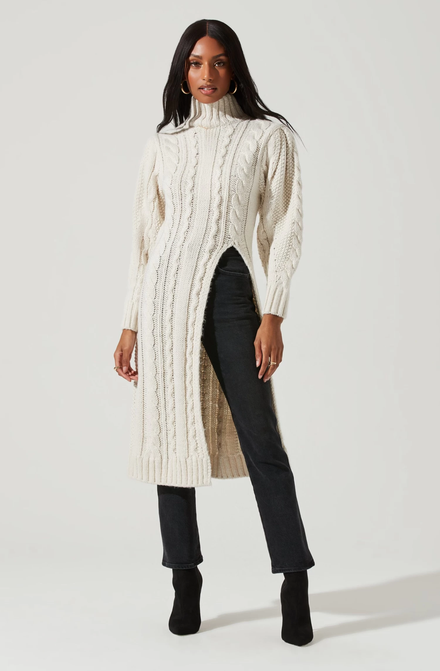 Evangelina Cable Knit Turtleneck Hi Slit Sweater 5 Evangelina Cable Knit Turtleneck Hi Slit Sweater - Image 3