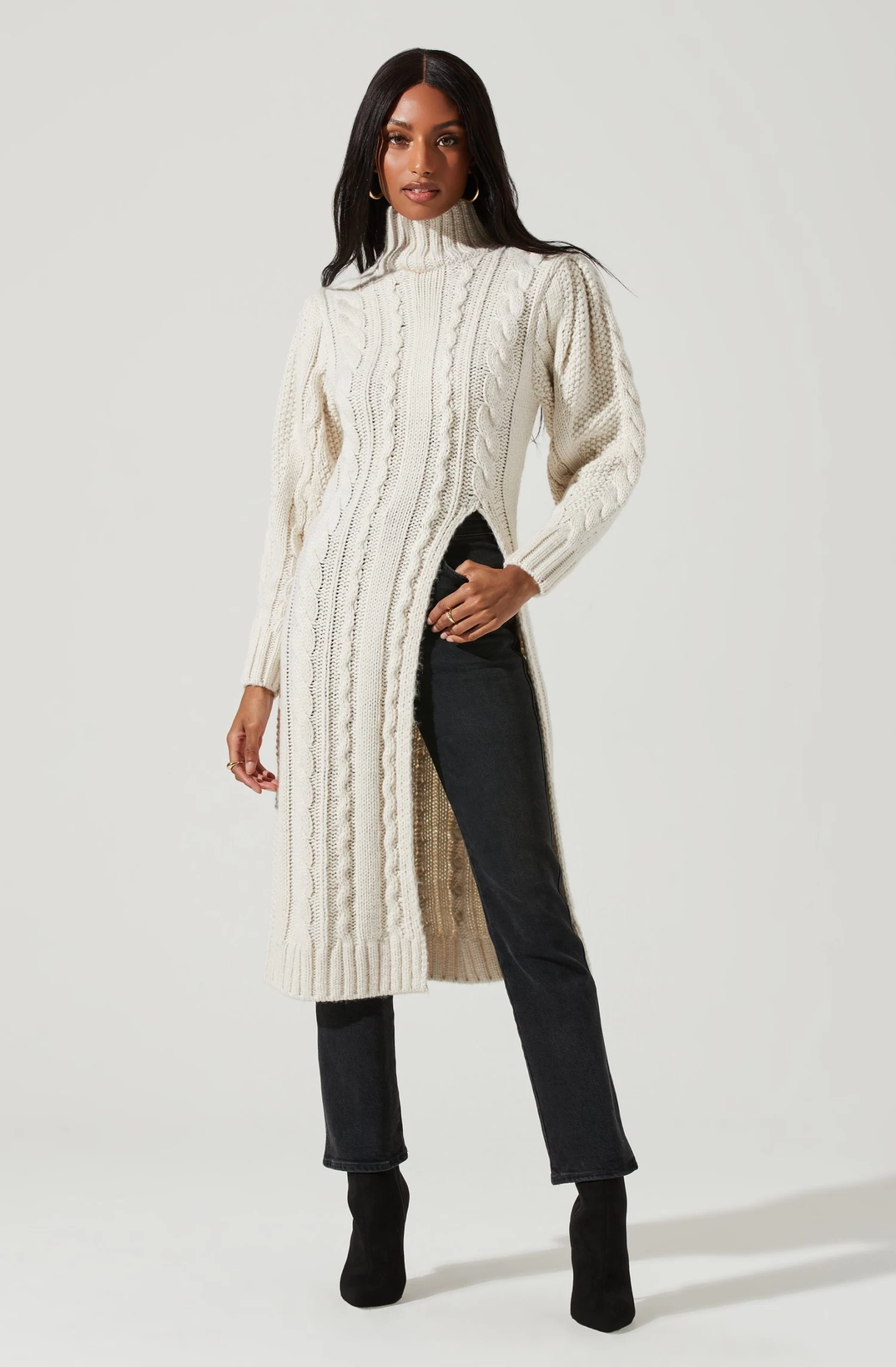 Evangelina Cable Knit Turtleneck Hi Slit Sweater 3 Evangelina Cable Knit Turtleneck Hi Slit Sweater