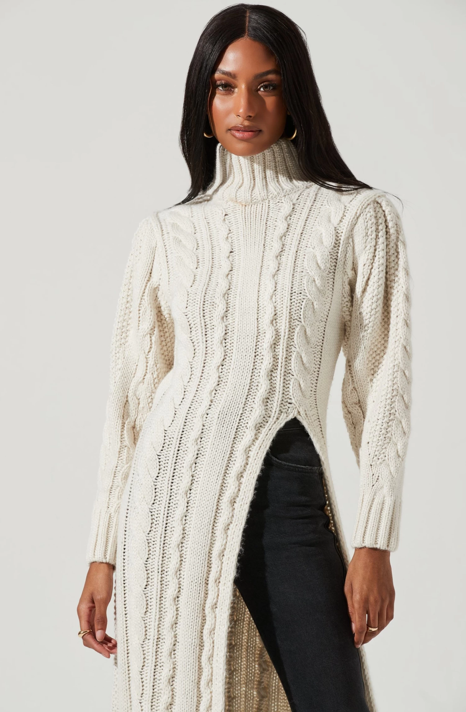 Evangelina Cable Knit Turtleneck Hi Slit Sweater 4 Evangelina Cable Knit Turtleneck Hi Slit Sweater - Image 2