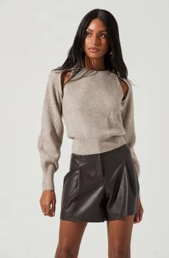 Adira Shoulder Cutout Sweater -Chic Outfit Shop ACT17301 TAUPE 1226