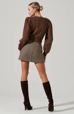 Marlena Cropped Cable Knit Cardigan -Chic Outfit Shop ACT17336 BROWN 13481