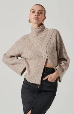 Wren Mock Neck Wrap Front Sweater 19 Wren Mock Neck Wrap Front Sweater -Chic Outfit Shop ACT17414 TAUPE 2