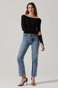 Alessandra Ribbed Off Shoulder Sweater -Chic Outfit Shop ACT17518 BLACK 2