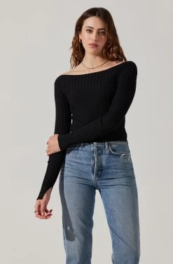 Alessandra Ribbed Off Shoulder Sweater -Chic Outfit Shop ACT17518 BLACK 4