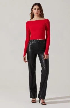 Alessandra Ribbed Off Shoulder Sweater -Chic Outfit Shop ACT17518 RED 2