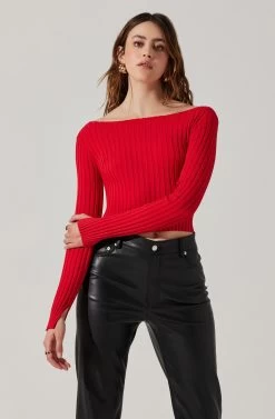 Alessandra Ribbed Off Shoulder Sweater -Chic Outfit Shop ACT17518 RED 3