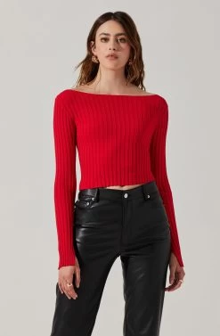 Alessandra Ribbed Off Shoulder Sweater -Chic Outfit Shop ACT17518 RED 4
