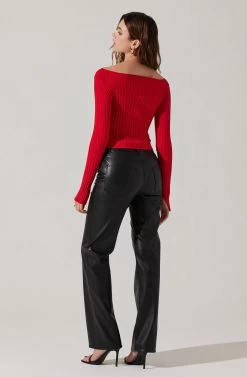Alessandra Ribbed Off Shoulder Sweater -Chic Outfit Shop ACT17518 RED 5