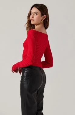 Alessandra Ribbed Off Shoulder Sweater -Chic Outfit Shop ACT17518 RED 6
