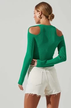 Eris Ribbed Shoulder Cutout Sweater -Chic Outfit Shop ACT17547 GREEN 3
