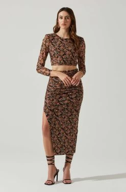 Louisa Floral Long Sleeve Open Back Crop Top -Chic Outfit Shop ACT17568 BLACKORANGEMULTI 1