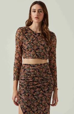 Louisa Floral Long Sleeve Open Back Crop Top -Chic Outfit Shop ACT17568 BLACKORANGEMULTI 3
