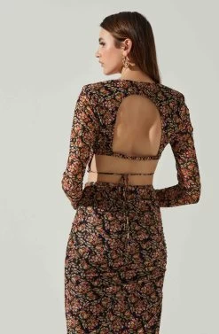 Louisa Floral Long Sleeve Open Back Crop Top -Chic Outfit Shop ACT17568 BLACKORANGEMULTI 5
