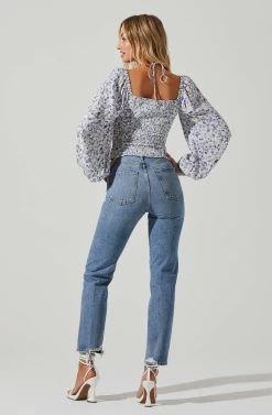Tavira Floral Halter Neck Long Sleeve Top -Chic Outfit Shop ACT17602 WHITEBLUEDITSY 4