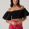 Carminia Sweater Knit Off Shoulder Puff Sleeve Top -Chic Outfit Shop ACT17641 BLACK 2