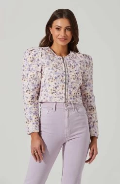 Brea Floral Quilted Cropped Puff Sleeve Jacket -Chic Outfit Shop ACT17697 LILACCORALMULTI 1 4