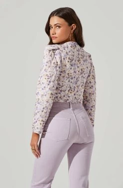 Brea Floral Quilted Cropped Puff Sleeve Jacket -Chic Outfit Shop ACT17697 LILACCORALMULTI 1 5