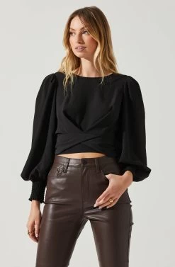 Wrenley Twist Front Puff Sleeve Top 22 Wrenley Twist Front Puff Sleeve Top -Chic Outfit Shop ACT17827 BLACK 4