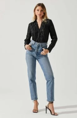 Laurel Satin Pleated Long Sleeve Top -Chic Outfit Shop ACT17840P BLACK 2