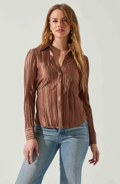 Laurel Satin Pleated Long Sleeve Top -Chic Outfit Shop ACT17840P BROWN 3