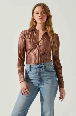 Laurel Satin Pleated Long Sleeve Top -Chic Outfit Shop ACT17840P BROWN 4