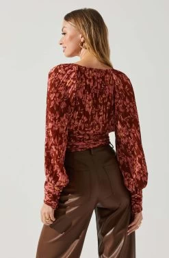 Pernilla Pleated Floral Puff Sleeve Top -Chic Outfit Shop ACT17858C RUSTFLORAL 5