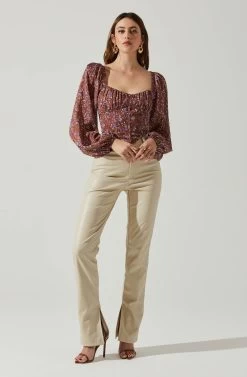 Penny Floral Puff Sleeve Top -Chic Outfit Shop ACT17882C BROWNPURPLEFLORAL 2