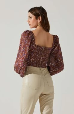 Penny Floral Puff Sleeve Top -Chic Outfit Shop ACT17882C BROWNPURPLEFLORAL 5