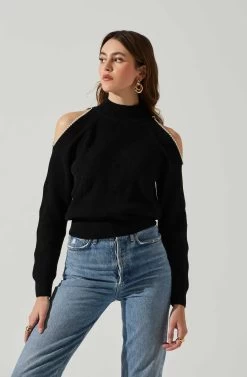 Tori Pearl Embellished Cold Shoulder Sweater -Chic Outfit Shop ACT17885 BLACK 3