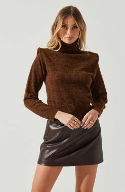 Daleyza Padded Shoulder Turtleneck Sweater -Chic Outfit Shop ACT17899 BROWN 4