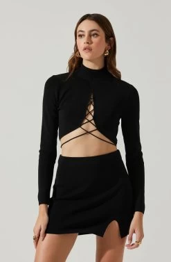 Raven Mock Neck Tie Waist Sweater -Chic Outfit Shop ACT17903 BLACK 3