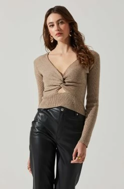 Rylee Twist Front Cutout Sweater -Chic Outfit Shop ACT17919 TAUPE 3