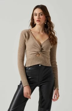 Rylee Twist Front Cutout Sweater -Chic Outfit Shop ACT17919 TAUPE 4
