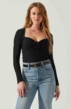 Ren Textured Sweetheart Long Sleeve Top -Chic Outfit Shop ACT17975 BLACK 4