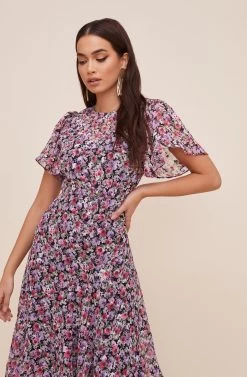 Flutter Sleeve Floral Maxi -Chic Outfit Shop ADR100436 BLACK LILACFLORAL 3