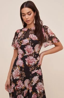 Flutter Sleeve Floral Maxi -Chic Outfit Shop ADR100436 BLACK PINKFLORAL 3