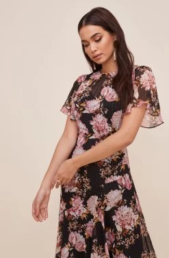 Flutter Sleeve Floral Maxi -Chic Outfit Shop ADR100436 BLACK PINKFLORAL 4