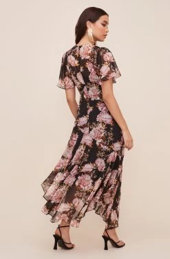 Flutter Sleeve Floral Maxi -Chic Outfit Shop ADR100436 BLACK PINKFLORAL 6