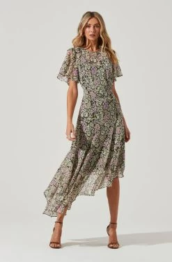 Flutter Sleeve Asymmetrical Floral Maxi Dress 34 Flutter Sleeve Asymmetrical Floral Maxi Dress -Chic Outfit Shop ADR100436 BLACKDAISYFLORAL 1