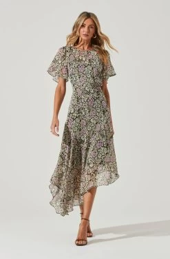 Flutter Sleeve Asymmetrical Floral Maxi Dress 35 Flutter Sleeve Asymmetrical Floral Maxi Dress -Chic Outfit Shop ADR100436 BLACKDAISYFLORAL 2