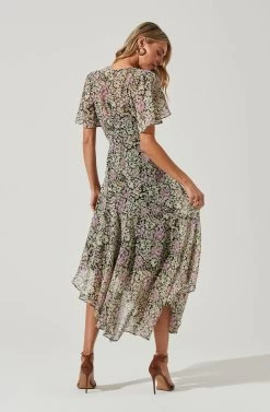 Flutter Sleeve Asymmetrical Floral Maxi Dress 38 Flutter Sleeve Asymmetrical Floral Maxi Dress -Chic Outfit Shop ADR100436 BLACKDAISYFLORAL 4