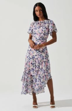Flutter Sleeve Asymmetrical Floral Maxi Dress 24 Flutter Sleeve Asymmetrical Floral Maxi Dress -Chic Outfit Shop ADR100436 PINKBLUEFLORAL 2