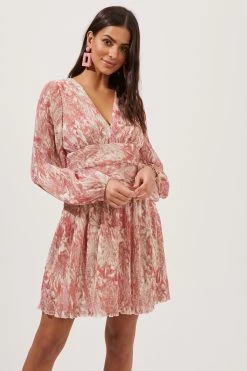 Floral Long Sleeve Plisse Wrap Front Dress